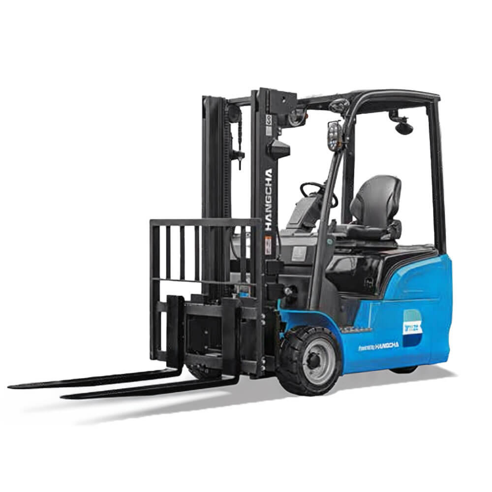 Front view of the blue Hangcha Breeze 3-wheel electric forklift with forks lowered, showcasing its compact design.